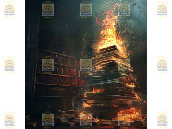 Stack of burning banned books with flames and smoke in a dark library graphic design for sublimation.