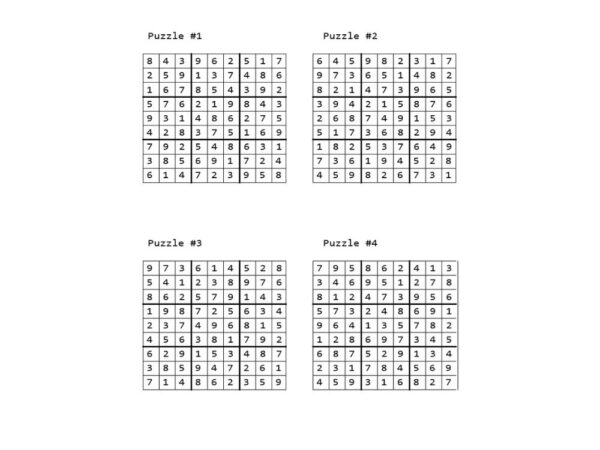 Completed Sudoku puzzles labeled Puzzle #1 through Puzzle #4, arranged in a two-by-two grid layout. Each puzzle is a standard 9x9 Sudoku grid filled with numbers 1 through 9
