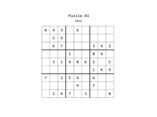 Incomplete Sudoku puzzle labeled Puzzle #1 Puzzle is a standard 9x9 Sudoku grid filled with numbers 1 through 9.