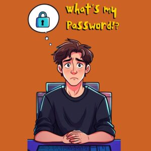 Illustration of a worried young man sitting at a computer with clasped hands, looking confused. A thought bubble with a padlock icon floats above his head, symbolizing forgotten passwords. The background is orange, and the bold yellow text reads “What’s my Password!?” — the cover of a password log book by Honey-Do Maker.
