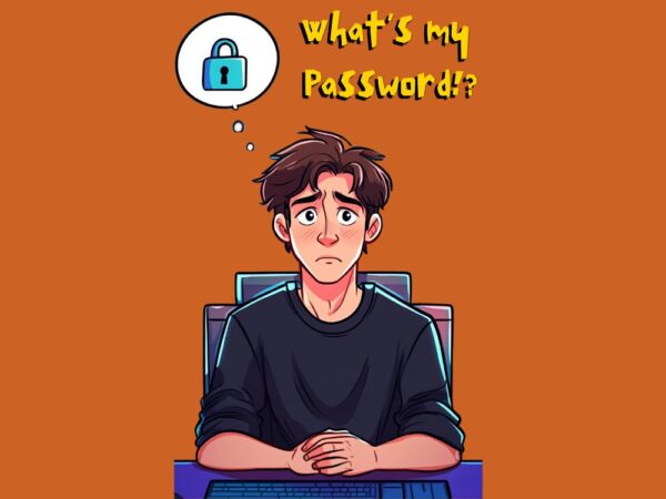 Illustration of a worried young man sitting at a computer with clasped hands, looking confused. A thought bubble with a padlock icon floats above his head, symbolizing forgotten passwords. The background is orange, and the bold yellow text reads “What’s my Password!?” — the cover of a password log book by Honey-Do Maker.