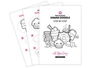 Learn Kawaii Drawing Illustrated instructional sheets titled "How to Draw Kawaii Doodle STEP-BY-STEP with Tatjana Deniz," featuring cute dessert characters like cupcakes, ice cream cones, cookies, and candies with smiling faces. Includes step-by-step drawing guides using simple shapes and numbered steps for beginners.
