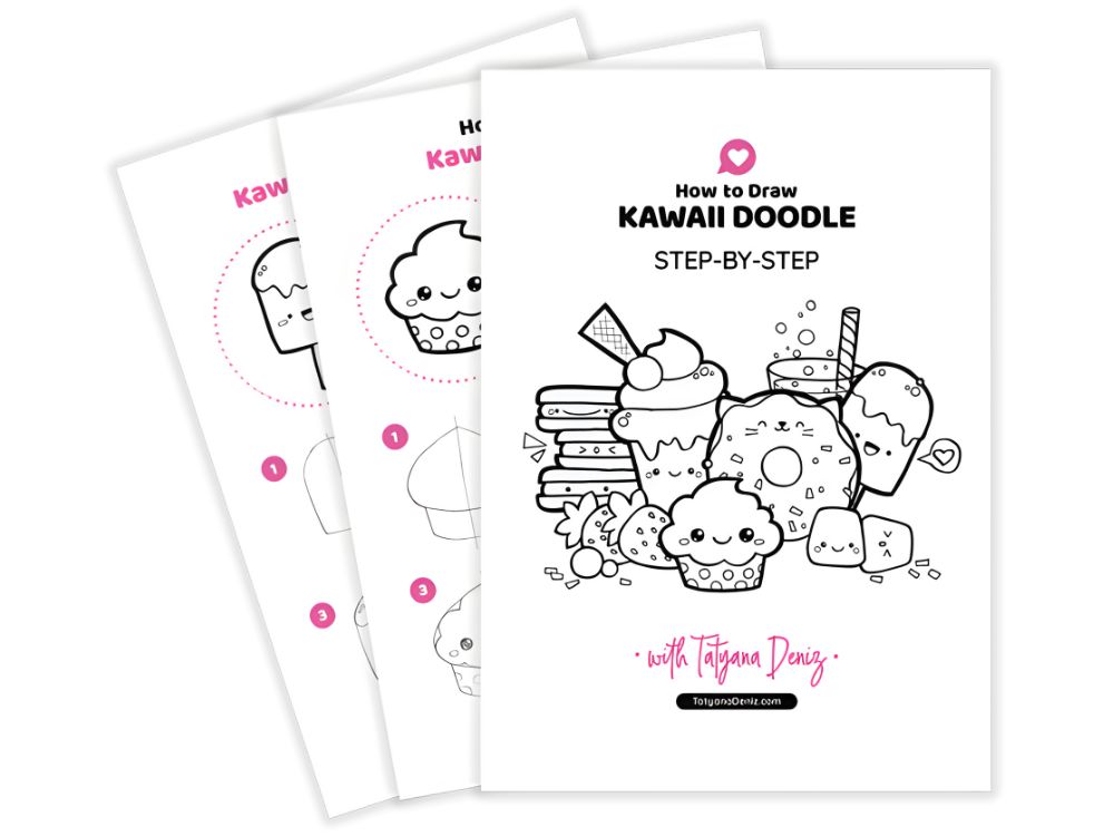 Learn Kawaii Drawing Illustrated instructional sheets titled "How to Draw Kawaii Doodle STEP-BY-STEP with Tatjana Deniz," featuring cute dessert characters like cupcakes, ice cream cones, cookies, and candies with smiling faces. Includes step-by-step drawing guides using simple shapes and numbered steps for beginners.