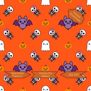 Kawaii Halloween Hand Drawn Seamless Pattern (PNG)