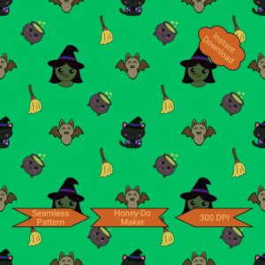 Kawaii Halloween Witch Hand Drawn Seamless Pattern (PNG)
